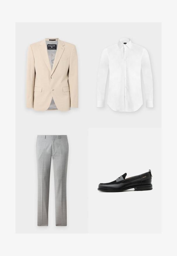 Blazer beige con una tela suave, dos bolsillos frontales, solapas de muesca, cierre de un solo botón y un forro gris liso.; Camisa blanca de vestir de manga larga con botones y cuello puntiagudo, colocada perfectamente plana sobre un fondo gris claro.; Pantalones gris ajustados hechos de una tela suave, con un fino patrón de cuadros, piernas rectas y lazos para cinturón. Sin bolsillos visibles.; Mocasín de cuero negro con detalle de tira gris, tacón bajo y suela texturizada, con la marca "HUGO" en oro en el lateral.