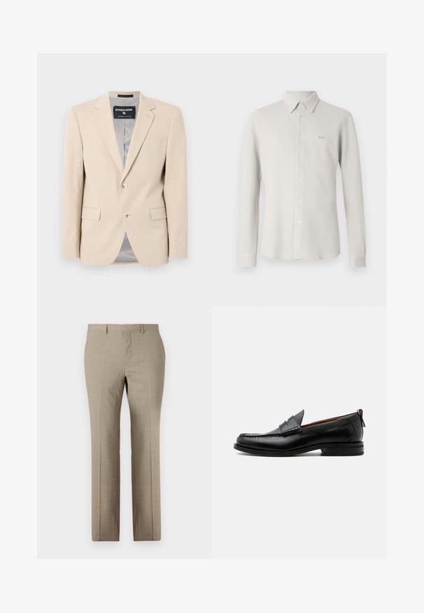 Beige blazer i blødt stof, to forlommer, klapkraver, enkelt knaplukning og en glat grå foring.; Lysegrå skjorte med knapper foran, tekstureret stof, krave og lange ærmer; har et diskret "BOSS"-logo på brystet.; Beige skræddersyede bukser med en glat tekstur, lige ben, subtilt ternet mønster og flad front. To baglommer inkluderet.; Sort læder herre loafer med moc-tå syning, penny strop, struktureret krave og lav stablet hæl på hvid baggrund.