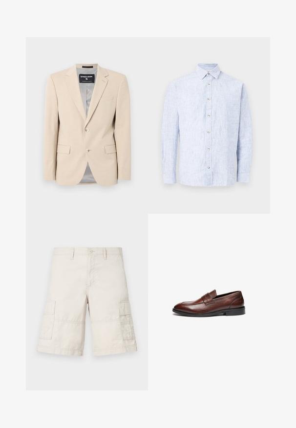 Beige blazer i blødt stof, to forlommer, klapkraver, enkelt knaplukning og en glat grå foring.; Herre-langærmet skjorte med knapper og lyseblå og hvide lodrette striber samt spidst krave, lagt fladt på en hvid baggrund.; Beige cargo shorts lavet af letvægtsbomuld, med to sidelommer, en frontlukning med knap og stikninger.; Brune læder loafers med en glat finish, rund tå, dekorativ rem og sort gummisål. Har minimal syning detaljer.