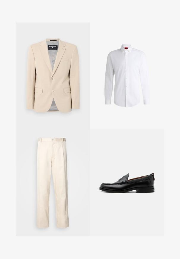 Blazer beige con una tela suave, dos bolsillos frontales, solapas de muesca, cierre de un solo botón y un forro gris liso.; Camisa blanca de botones, confeccionada en tela suave, con collar clásico, mangas largas y dobladillo curvado. Presenta botones beige en la parte delantera.; Pantalones de algodón beige con corte recto, que cuentan con un cierre de botón y pliegues en la parte frontal para un detalle adicional.; Mocasín de hombre de piel negra con costura moc toe, tira penny, cuello texturizado y tacón bajo apilado sobre fondo blanco.