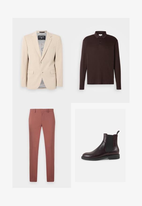 Beige blazer i blødt stof, to forlommer, klapkraver, enkelt knaplukning og en glat grå foring.; Langærmet polo shirt i mørkebrun, lavet af blødt stof, med en klassisk krave, tre-knaps placket og diskret logo-detalje.; Skræddersyede bukser i en brique rød farve, lavet af glat stof, med lige snit, bæltestropper og en lynlås foran med knaplukning.; Brune læder Chelsea-støvle med elastiske sidepaneler, rund tå, sort gummisål og en hælflig til nem påklædning.