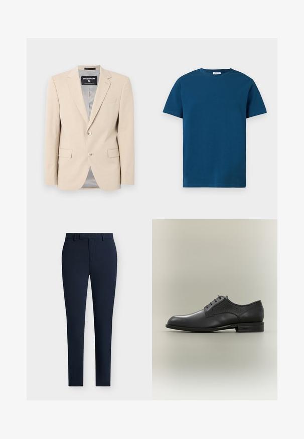 Beige blazer i blødt stof, to forlommer, klapkraver, enkelt knaplukning og en glat grå foring.; Mørkeblå t-shirt med rund hals i blød bomuld, med korte ærmer og en enkel, glat tekstur samt en lige pasform.; Mørkeblå slim-fit bukser lavet af glat materiale, med flad front, bæltestropper og en ren afslutning ved anklerne.; Sort lædersko til mænd med snørebånd foran og teksturerede sidepaneler, lav stablet hæl og "BOSS" præget på sålen.