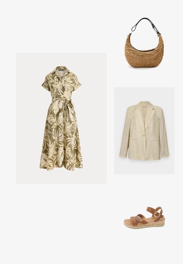 Beige blazer med tilspidset krave, enkelt knaplukning og to frontlommer. Struktureret stof med lodrette striber. Lange ærmer.; Kortærmet midi-kjole med knapper foran, olivengrøn og beige tropisk bladprint og bindebælte i taljen.; Brun læder kile-sandal med to stropper, en ankelrem med guldfarvet spænde, korksål og flettet jute kant.; Vævet stråtaske i beige med en buet silhuet, med en sort læderrem og sølvfarvede hardware-detaljer. Tekstureret finish.