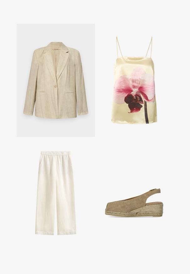 Beige blazer met een notch kraag, enkele knoopsluiting en twee frontzakken. Textured stof met verticale strepen. Lange mouwen.; Crèmekleurige satijnen hemdtop met dunne bandjes en een grote roze en donkerrode orchidee bloemenprint aan de voorkant.; GANT BLEND PULL ON PANTS - Broek - eggshell; Castañer DOSALIA - Espadrilles - sand