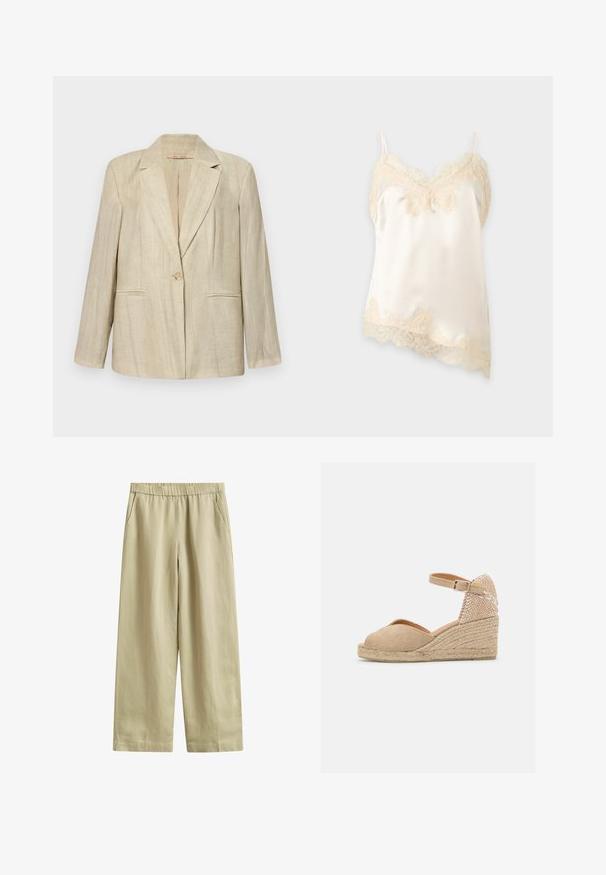 Beige blazer met een notch kraag, enkele knoopsluiting en twee frontzakken. Textured stof met verticale strepen. Lange mouwen.; Crèmekleurige satijnen hemd met fijne kanten afwerking langs de halslijn, zoom en dunne schouderbandjes op een effen achtergrond.; Beige wijde broek met elastische tailleband en zijzakken, gemaakt van lichtgewicht stof.; Castañer BIANCA - Espadrilles - sand