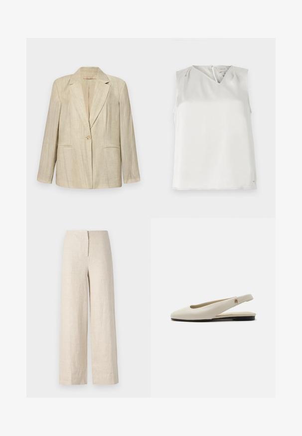 Beige blazer med tilspidset krave, enkelt knaplukning og to frontlommer. Struktureret stof med lodrette striber. Lange ærmer.; Ærmeløs hvid bluse med V-udskæring, diskrete folder ved skuldrene og lynlåslukning bagpå, vist på ensfarvet baggrund.; Beige linned bukser med bred ben, høj talje og skjult lynlås bagpå. Glat tekstur og åndbart stof.; Flatsko i cremefarvet læder med rundet tå og lille guldemblem på remmen.