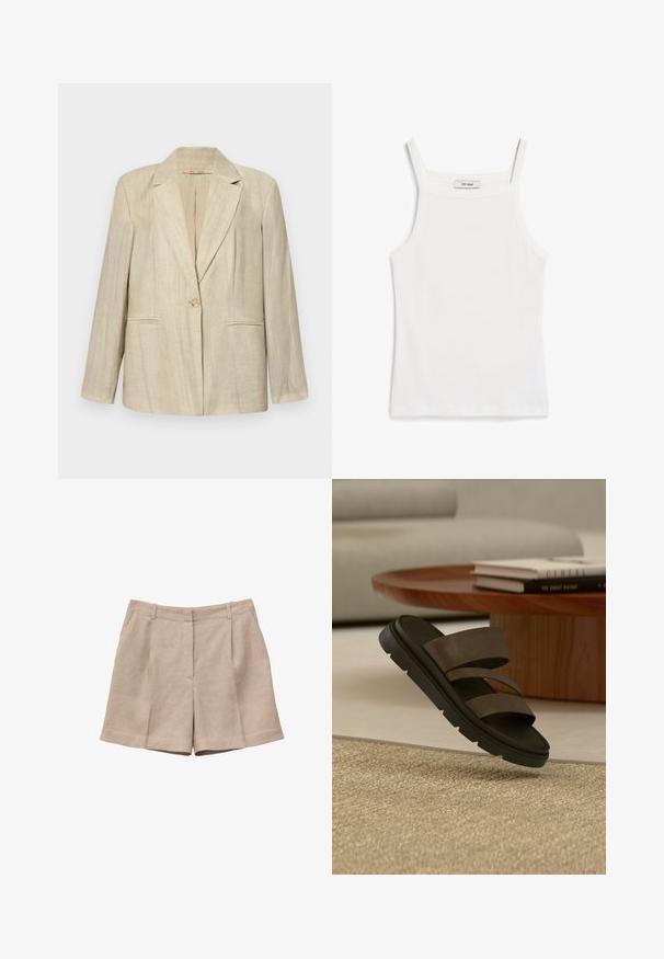 Beige blazer med tilspidset krave, enkelt knaplukning og to frontlommer. Struktureret stof med lodrette striber. Lange ærmer.; Hvid tank top med tynde stropper, lavet af ribbet bomuldsstof, med en lige halsudskæring og en ren afslutning i kanten.; Beige højtaljede linnedshorts med bæltestropper, frontplisser, sidelommer og lynlåslukning foran.; Sort sandal med sort sål og to brune remme, der svæver over et beige tekstureret tæppe nær et træ-sofabord med stablede bøger.