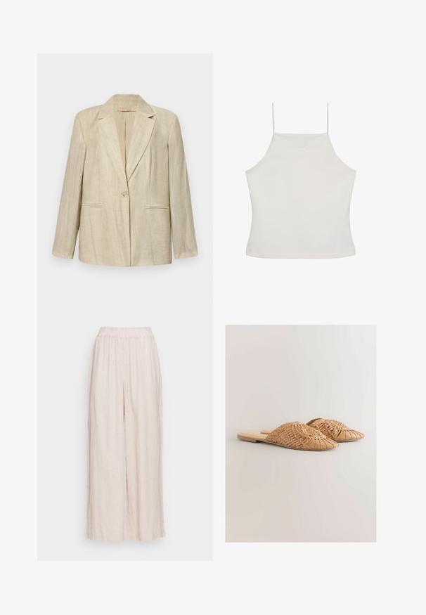 Beige blazer med tilspidset krave, enkelt knaplukning og to frontlommer. Struktureret stof med lodrette striber. Lange ærmer.; Hvid ærmeløs crop top med tynde stropper og diskret "cK"-logo broderet på brystet, ensfarvet baggrund.; Lys beige linned bukser med et bredt ben-design og elastisk talje. Blød texture med et subtilt, vævet mønster overalt.; Vævede læder slidesandaler i lysebrun, med et oversized vævet overdelsdesign og en flad sål. Spidse tæer giver et elegant udseende.