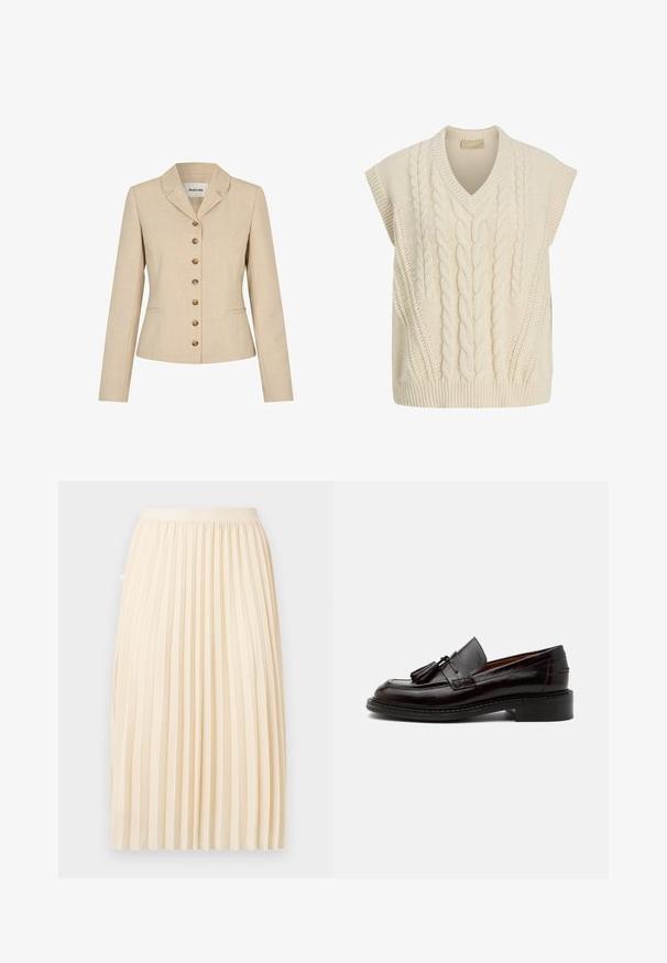 Beige blazer med skræddersyet pasform, med en slagkrave, seks knapper i guldfarvet metal og to sidelommer. Struktureret stof.; Flødefarvet ærmeløs strikket sweatervest med kabelstrikket mønster og V-hals.; Kremfarvet plisseret midi-nederdel med en tætsiddende talje, hængende lige ned foran en ensfarvet baggrund.; Mørkebrun læderloafer med duske, syningsdetaljer og en lav stablet hæl på en ensfarvet lys baggrund.