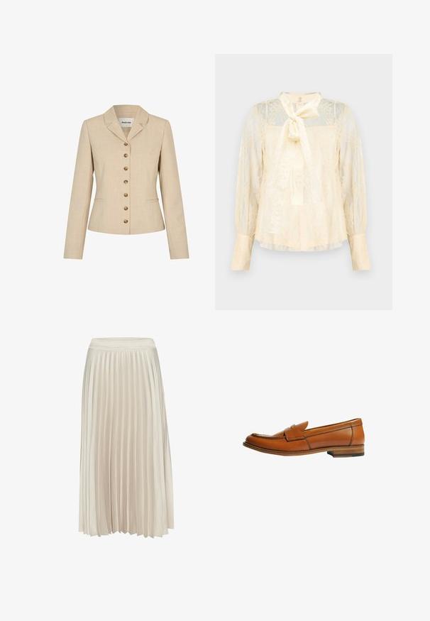 Beige blazer met een getailleerde pasvorm, voorzien van een reverskraag, zes vergulde knopen en twee zijzakken. Gemêleerde stof.; Lichtcrèmekleurige blouse van kant met een strikdetail bij de hals, doorschijnende lange mouwen en met knopen sluitende manchetten. Geheel voorzien van een textuur met een bloemmotief.; Plissé midi-rok in lichtbeige, gemaakt van een gladde, zachte stof. Heeft een aansluitende tailleband en een vlotte uitstraling.; Bruine leren loafer met een platte hak, ronde neus en een decoratieve band over de wreef. Gladde textuur met contrasterende stikdetails.