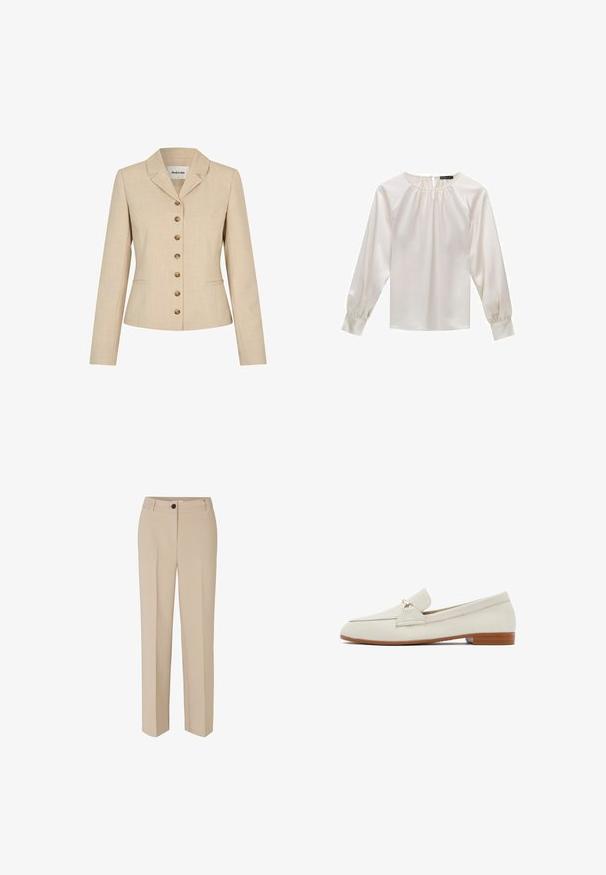 Beige blazer med skræddersyet pasform, med en slagkrave, seks knapper i guldfarvet metal og to sidelommer. Struktureret stof.; Hvid satinbluse med lange ærmer, rund halsudskæring og indsamlet detalje. Har let puffede ærmer og en glat tekstur.; Modström GALE - Bukser - powder sand; Beige læder flad loafer med gulddetalje og tan sål, lav hæl og afrundet firkantet tå, vist fra højre side.