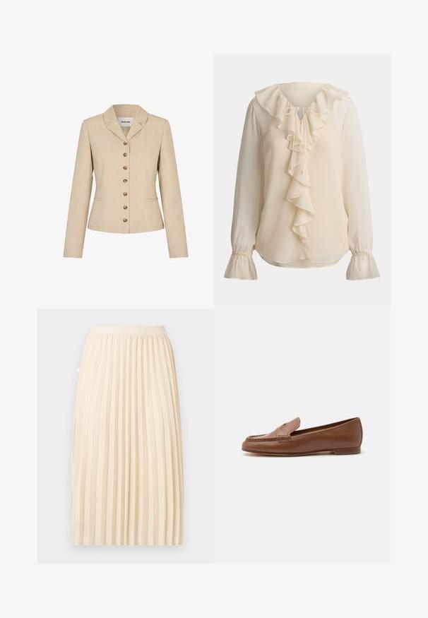 Beige blazer met een getailleerde pasvorm, voorzien van een reverskraag, zes vergulde knopen en twee zijzakken. Gemêleerde stof.; Crèmekleurige blouse met lange mouwen, gerimpelde kraag, vallende voorflounce, strik bij de halslijn en geplooide klokmanchetten.; Roomkleurige geplooide midi-rok met een aansluitende tailleband, recht hangend tegen een effen achtergrond.; Klassieke bruine leren loafer met lage hak en gestikte moc toe details, zijaanzicht op een witte achtergrond.