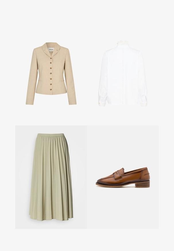 Beige blazer med skræddersyet pasform, med en slagkrave, seks knapper i guldfarvet metal og to sidelommer. Struktureret stof.; Hvid bluse med lange ærmer og spidse blondekrave samt manchetter, som har en vertikal blondebeskæring ned over midten af ryggen.; Plisseret lang nederdel i et blødt, lyst grønt stof. Har en elastisk talje og et flydende design med ensartede plisseringer over hele nederdelen.; Brune læder loafers med en struktureret vævet frontpanel, rund tå og lav stablet hæl. Glat finish med diskret stikningsdetalje.