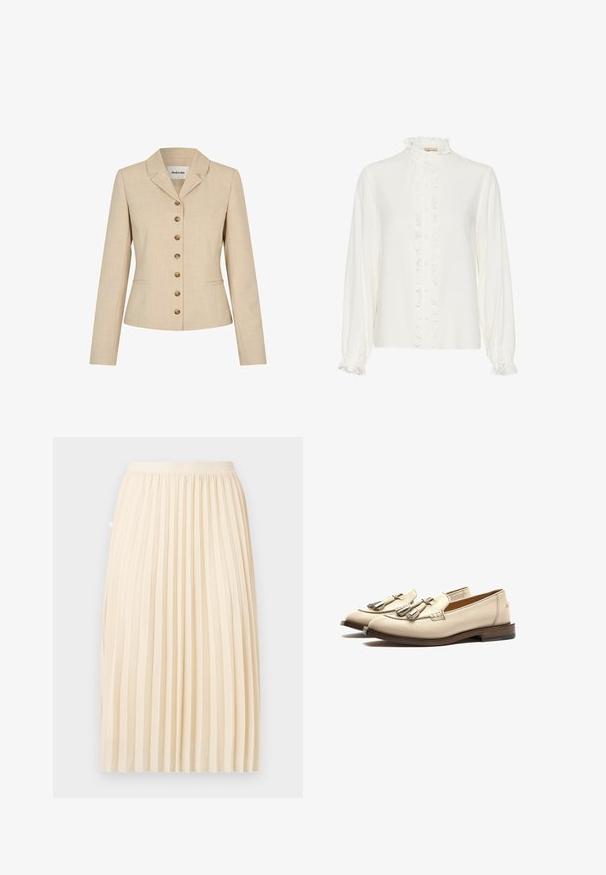 Blazer beige ajusté, avec un col à revers, six boutons dorés et deux poches latérales. Tissu texturé.; Blouse blanche avec un devant froncé, col montant et manches longues. Fabriquée dans un tissu lisse avec des boutonnières au centre.; Jupe midi plissée de couleur crème avec une ceinture ajustée, suspendue droite sur un fond uni.; Scarosso Chaussons - off white calf