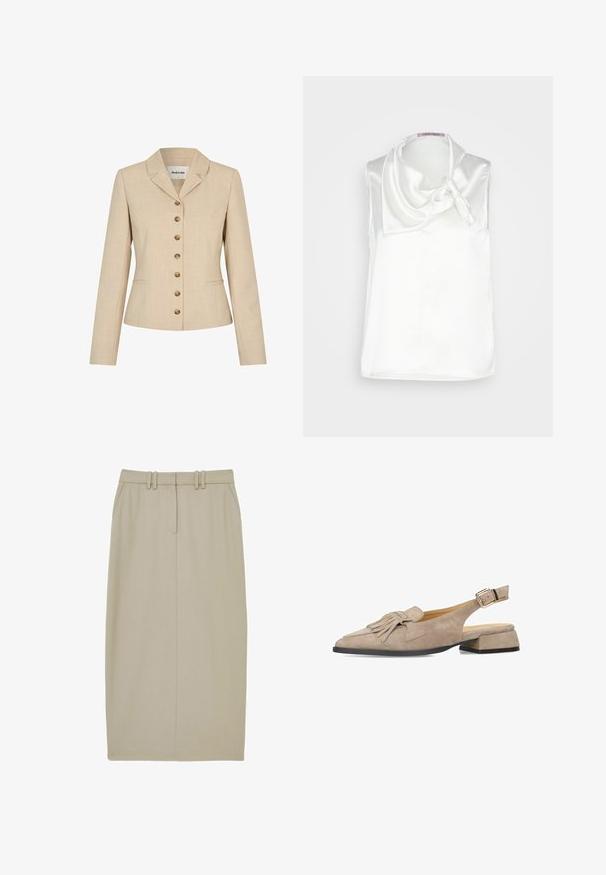 Beige blazer met een getailleerde pasvorm, voorzien van een reverskraag, zes vergulde knopen en twee zijzakken. Gemêleerde stof.; Anna Field by Zalando Blouse - white; Beige potloodrok van gladde stof, met twee voorzakken, een enkele middennaad en een tailleband met twee horizontale riemlussen.; Beige suède slingback platte schoen met puntige neus, kwastdetail en lage blokhak met gouden gesp.