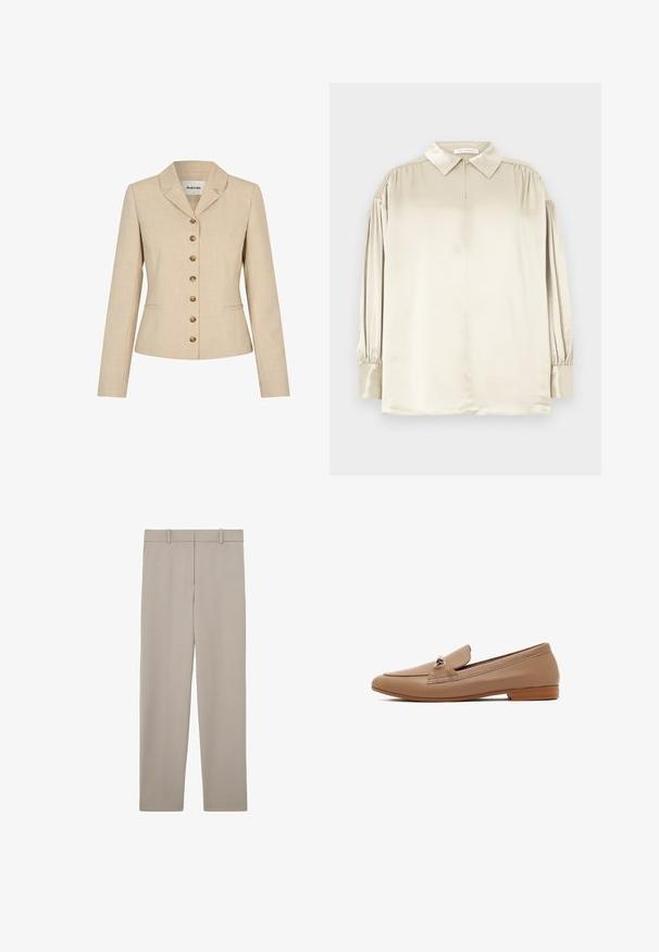 Beige blazer med skræddersyet pasform, med en slagkrave, seks knapper i guldfarvet metal og to sidelommer. Struktureret stof.; Beige satin langærmet bluse med spids krave, knappede manchetter og subtile rynker ved skuldrene, lagt fladt.; Beige, lige bukser med bæltestropper og et rent, minimalistisk design, vist fladt på en hvid baggrund.; Beige læder loafers med rund tå, lav hæl og en dekorativ detalje på forsiden. Glat tekstur og enkelt design.