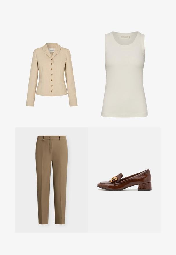 Beige blazer met een getailleerde pasvorm, voorzien van een reverskraag, zes vergulde knopen en twee zijzakken. Gemêleerde stof.; Witte geribde tanktop met een ronde halslijn en mouwloos ontwerp. Gladde textuur en aansluitende vorm, geschikt om te combineren.; Recht gesneden bruine herenhandsbroek met riemlussen en voorvouw, afgebeeld tegen een effen lichte achtergrond.; Bruine leren loafers met een glanzende afwerking, met een decoratieve gouden gesp aan de voorkant en een lage blokhak. Klassiek ontwerp.