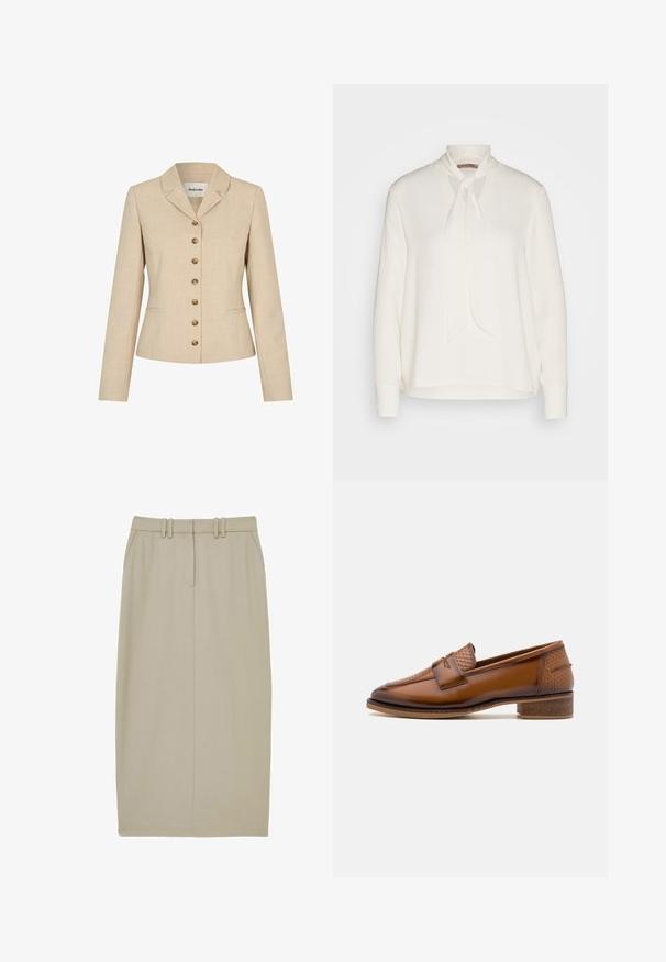Blazer beige ajusté, avec un col à revers, six boutons dorés et deux poches latérales. Tissu texturé.; Blouse blanche à manches longues avec un design à col noué, présentant une texture lisse et une coupe décontractée. Simple et élégante, sans motifs supplémentaires.; Jupe crayon beige en tissu lisse, dotée de deux poches avant, d'une couture centrale et d'une taille avec deux passants de ceinture horizontaux.; Mocassins en cuir marron avec un panneau avant tissé texturé, bout rond et petit talon empilé. Finition lisse avec des détails de couture subtils.