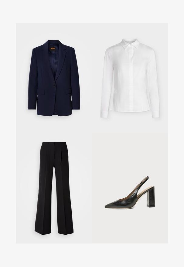 Blazer bleu marine en tissu lisse, doté d'une fermeture à un bouton, de revers crantés, de deux poches avant et d'une doublure intérieure.; Chemisier blanc ajusté à manches longues, col pointu, boutonné devant avec des coutures cintrées, présenté sur un fond uni.; Pantalons noirs en tissu lisse, avec une taille haute, une coupe évasée et deux plis sur le devant pour un détail de conception supplémentaire.; Chaussure slingback en cuir noir à bout pointu avec un talon bloc haut et une doublure intérieure beige sur un fond clair uni.