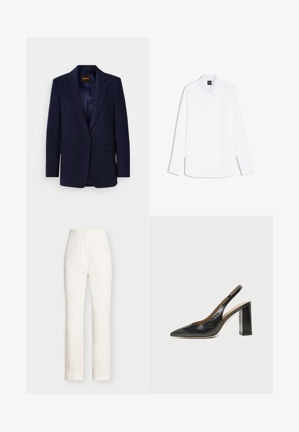 Blazer bleu marine en tissu lisse, doté d'une fermeture à un bouton, de revers crantés, de deux poches avant et d'une doublure intérieure.; Chemise blanche à manches longues avec col pointu et patte de boutonnage cachée, étiquetée "BOSS" au niveau du col.; Pantalon blanc taille haute, jambes droites, avec détails de couture sur le devant et fermeture dissimulée sur un fond gris clair uni.; Chaussure slingback en cuir noir à bout pointu avec un talon bloc haut et une doublure intérieure beige sur un fond clair uni.