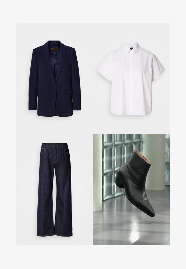 Blazer bleu marine en tissu lisse, doté d'une fermeture à un bouton, de revers crantés, de deux poches avant et d'une doublure intérieure.; Chemise blanche à manches courtes, à boutons, avec un col pointu et un ourlet arrondi. Fabriquée en coton, elle possède une texture lisse et sans motifs visibles.; Jean en denim noir à jambes larges et taille haute, avec poches avant et détails de couture subtils. Texture lisse avec une coupe classique.; Bottine en cuir noir avec un bout pointu et un talon carré lévitant au-dessus d'un sol gris réfléchissant près d'un mur en blocs de verre.