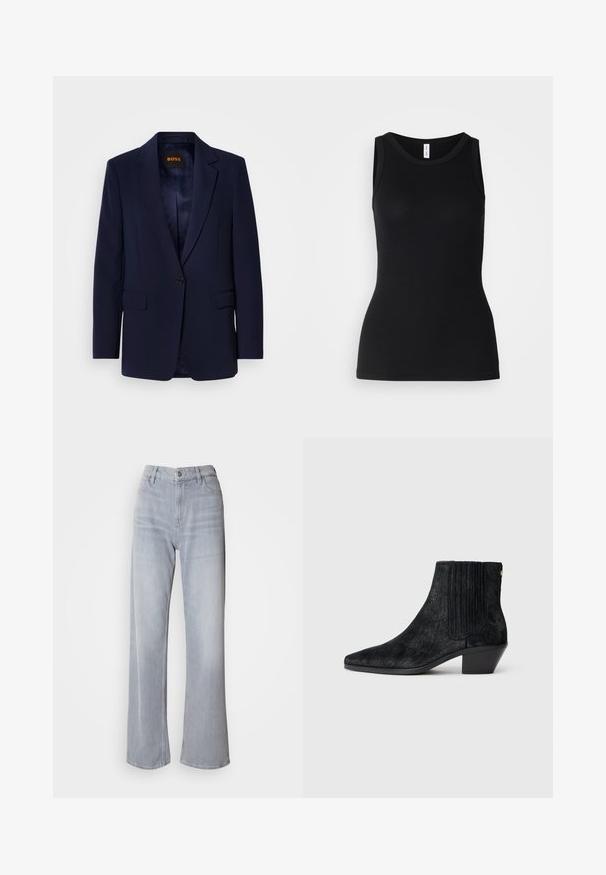 Blazer bleu marine en tissu lisse, doté d'une fermeture à un bouton, de revers crantés, de deux poches avant et d'une doublure intérieure.; Débardeur noir sans manches en tissu côtelé, avec un col rond et une coupe ajustée, à la texture douce et sans motifs.; Jean large gris clair à taille haute, en denim. Doté de poches avant, d'une fermeture éclair et d'un léger délavage sur l'ensemble.; Bottine noire à bout pointu, en matériau texturé imitant les cheveux, avec un panneau latéral à nervures et un petit talon carré. Un design simple et moderne.
