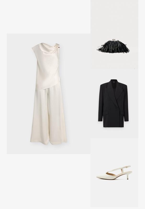 Blazer noir croisé avec revers à encoche, poches latérales et tissu texturé. Il comporte deux boutons et des manches longues.; Haut en satin sans manches couleur crème avec encolure drapée et pantalon large assorti sur fond uni.; Escarpin slingback blanc à bout pointu, talon aiguille bas et élément décoratif doré sur la bride avant.; Pochette noire à franges avec fermoir argenté et chaîne, sur un fond clair uni.