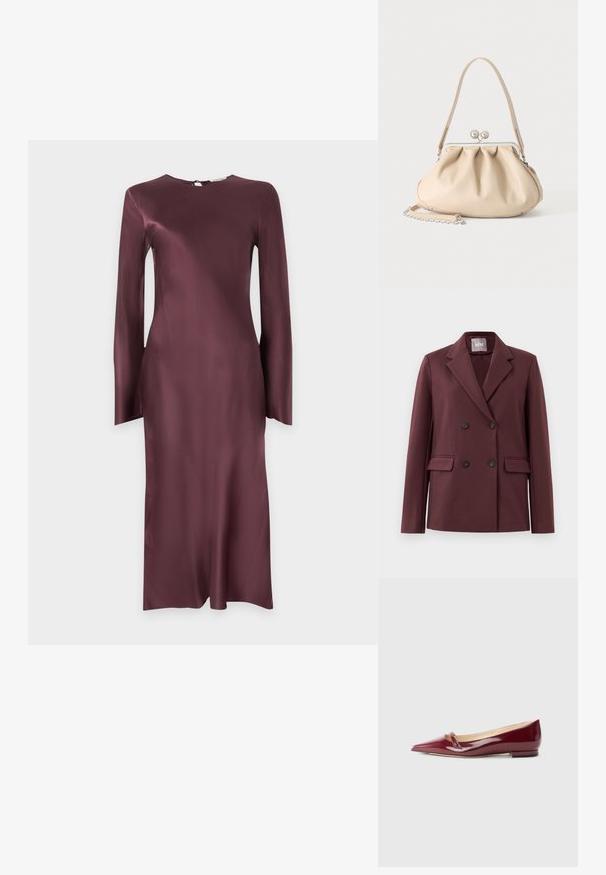 Double-breasted donker bordeaux blazer met notch revers, vier knopen en klepzakken op een effen witte achtergrond.; Jurk met lange mouwen tot op de knie in glanzende donker bordeauxrode stof met een ronde halslijn en een kleine knoopsluiting aan de achterkant.; Bordeaux patent leren ballerina's met een puntige neus, voorzien van een klein uitsnijdetail en een lage hak. Glad textuur en een slank ontwerp.; Beige zachte leren handtas met een zilveren metalen frame sluiting, een enkele schouderriem en een optionele kettingriem op een witte achtergrond.