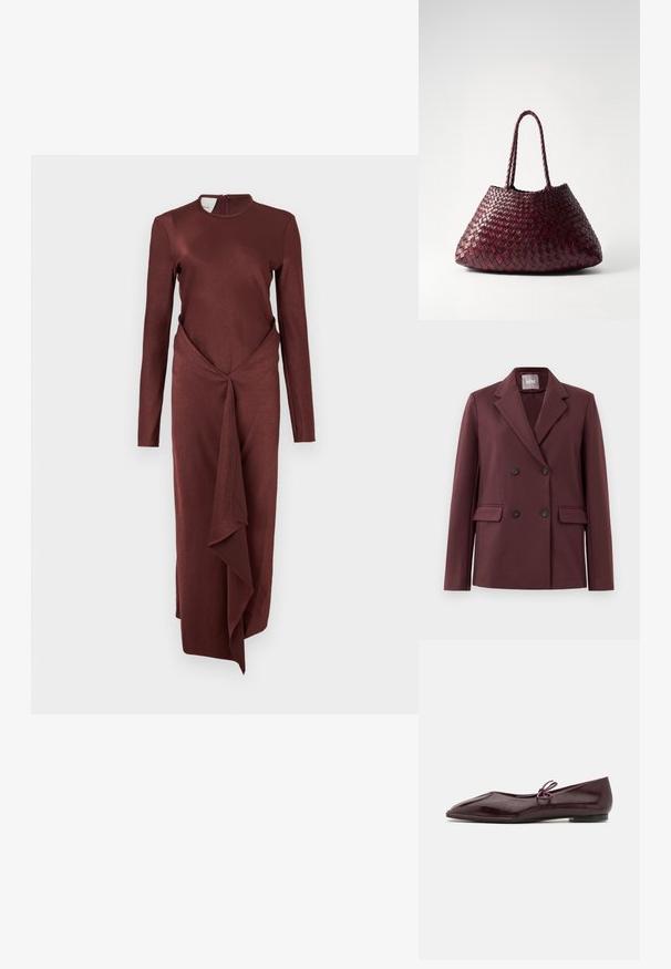 Double-breasted donker bordeaux blazer met notch revers, vier knopen en klepzakken op een effen witte achtergrond.; Bordeaux-langdroom jurk met hoge hals, geknoopte ontwerp in de taille en een vloeiende gedrapeerde rok. Soepele textuur van de stof overal.; Ballerina's in bordeaux patenta leder met een spitse neus en een decoratieve paarse strik op de wreef; ontwerp met platte zool.; DRAGON DIFFUSION SANTA CROCE BIG - Handtas - bordo
