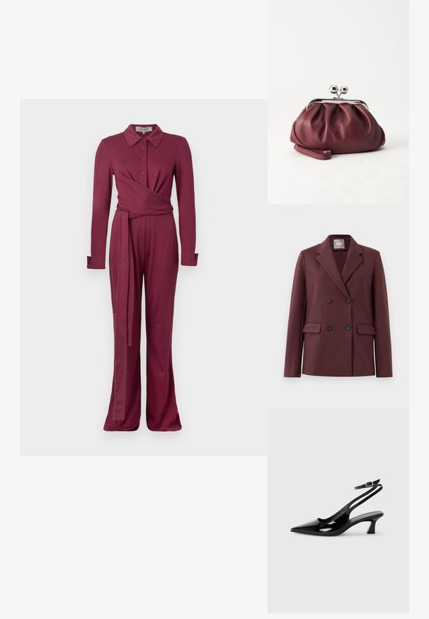 Double-breasted donker bordeaux blazer met notch revers, vier knopen en klepzakken op een effen witte achtergrond.; Bordeaux lange mouwen jumpsuit met een kraaghals, knoopsluiting, wikkelontwerp en wijde benen. Zacht, gestructureerd materiaal.; Zwarte gepatineerde leren slingback hakken met een puntige neus, lage blokhak en een verstelbare enkelband met een gouden gespsluiting.; Kleine bordeauxrode leren clutch-portemonnee met zilverkleurige metalen sluiting en polsbandje op een witte achtergrond.