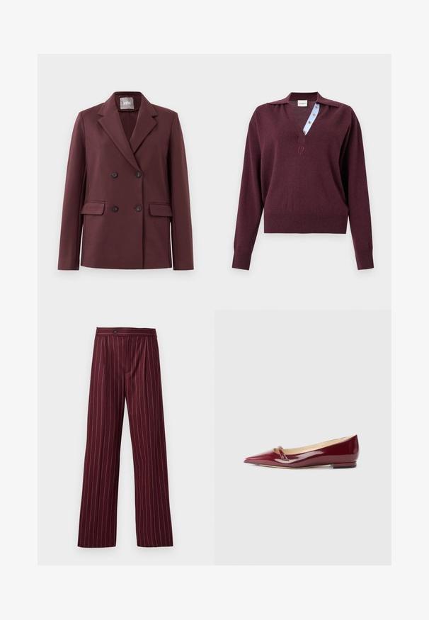 Double-breasted donker bordeaux blazer met notch revers, vier knopen en klepzakken op een effen witte achtergrond.; Langemouw gebreide bordeauxrode trui met een diepe V-hals die een blauw gestreepte binnenste knopenlijst en een klein geborduurd logo onder de halslijn toont.; Bordeaux wijde broek met een streepjespatroon, geplooide voorkant en knoopsluiting, gemaakt van een gladde stof met een gestructureerd ontwerp.; Bordeaux patent leren ballerina's met een puntige neus, voorzien van een klein uitsnijdetail en een lage hak. Glad textuur en een slank ontwerp.
