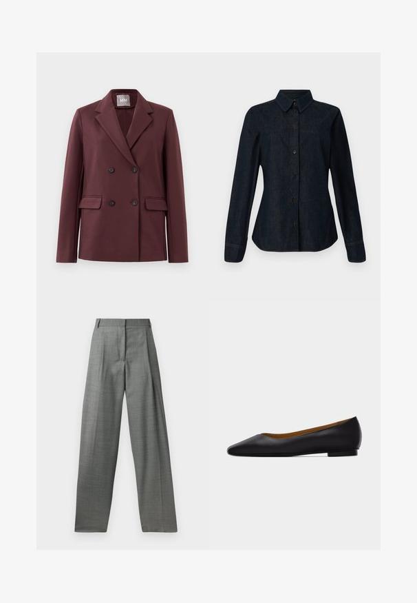 Double-breasted donker bordeaux blazer met notch revers, vier knopen en klepzakken op een effen witte achtergrond.; CLOSED SEAMING SHIRT - Overhemdblouse - dark blue; Grijze op maat gemaakte broek met hoge taille, geplooide voorkant en wijde pijpen. Gemaakt van een geweven stof, met riemlussen en gladde naden.; Zwarte leren puntschoen met lage hak en gladde afwerking, zijaanzicht op een lichtgrijze achtergrond.