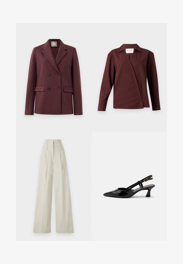Blazer burdeos oscuro de doble botonadura con solapas muescadas, cuatro botones y bolsillos de solapa sobre un fondo blanco liso.; CLOSED ASYMMETRIC SHIRT - Blusa - dark raisin red; Pantalones de pierna ancha en color beige, fabricados con un material suave, que presentan una cintura alta con tres bandas horizontales y pliegues frontales.; Zapato slingback de charol negro con tacón bajo, punta puntiaguda y correa ajustable con hebilla dorada sobre fondo blanco.