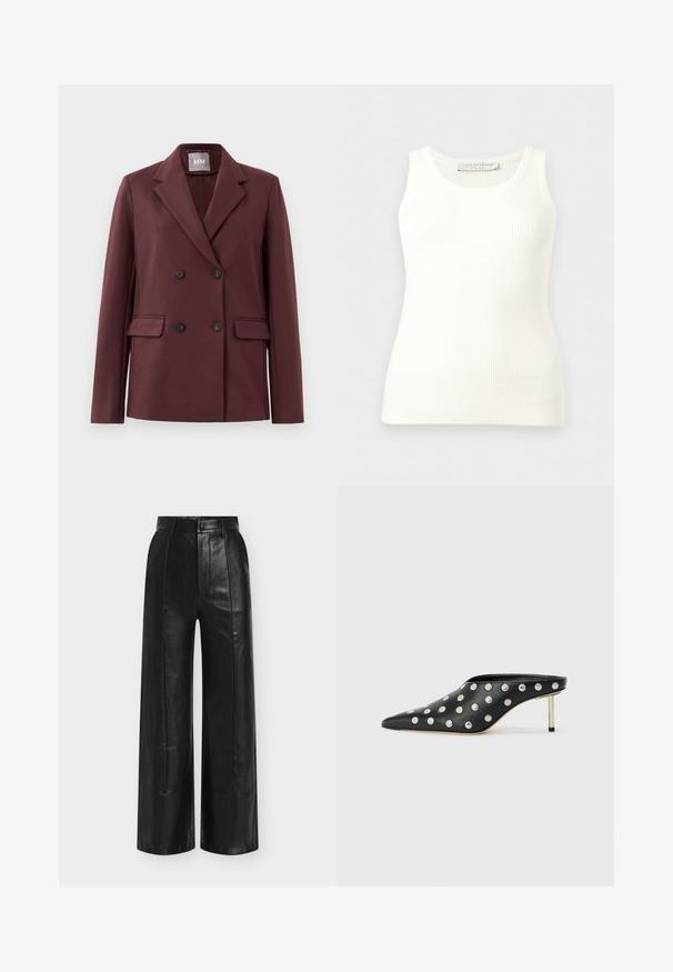 Dunkelburgunderfarbener Double-Breasted-Blazer mit Reverskragen, vier Knöpfen und aufgesetzten Taschen auf einem schlichten weißen Hintergrund.; Weißes, ärmelloses Tank-Top mit Rippenstruktur, rundem Ausschnitt, figurbetontem Schnitt und Markenetikett an der Innenseite des Nackenbereichs.; Schwarze, weit geschnittene Hosen aus glattem Leder mit hoher Taille, dezenten Falten und einem klassischen Knopf- und Reißverschluss.; STAND STUDIO KELSEY - Pantolette hoch - black