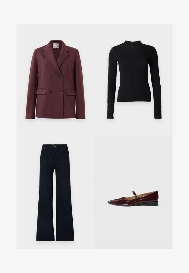 Double-breasted donker bordeaux blazer met notch revers, vier knopen en klepzakken op een effen witte achtergrond.; Zwarte lange mouwen top met een strakke pasvorm, textuurstof en een hoge halslijn. Voorzien van een verborgen rits aan de achterkant voor sluiting.; Donkerblauwe wijd uitlopende spijkerbroek gemaakt van denim. Voorzien van een knoopsluiting, vijf zakken en een strak ontwerp met minimale variaties in textuur.; Bordeaux patentleren Mary Jane ballerina's met een spitse neus, platte hak en een decoratieve band met een ronde gespaccent.