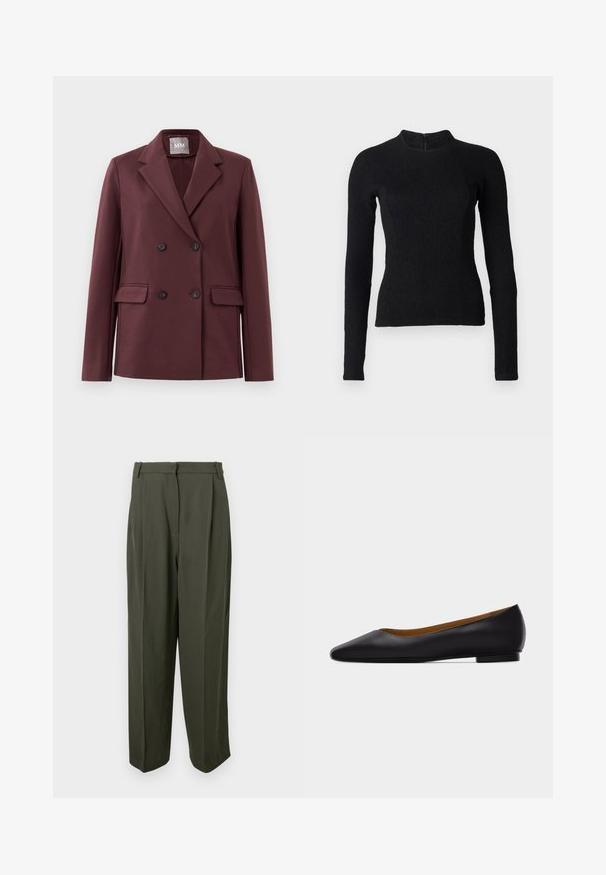 Blazer burdeos oscuro de doble botonadura con solapas muescadas, cuatro botones y bolsillos de solapa sobre un fondo blanco liso.; Top negro de manga larga con un diseño ajustado, tejido texturizado y un cuello alto. Cuenta con una cremallera oculta en la parte de atrás para el cierre.; Pantalones verde oliva de tejido suave, con cintura alta, frente plisado y silueta de pierna ancha. Sin bolsillos visibles ni adornos.; Zapato plano de punta puntiaguda de cuero negro con tacón bajo y acabado liso, mostrado de perfil sobre un fondo gris claro.