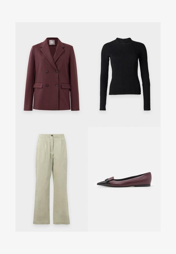 Dunkelburgunderfarbener Double-Breasted-Blazer mit Reverskragen, vier Knöpfen und aufgesetzten Taschen auf einem schlichten weißen Hintergrund.; Schwarzes Langarmoberteil mit einer figurbetonten Passform, strukturiertem Stoff und hochgeschnittenem Kragen. Verfügt über einen verdeckten Reißverschluss im Rücken zur Befestigung.; Hellegrüne weite Hose aus weichem Stoff, mit einem Frontknopfverschluss, Falten und einem sauberen Saum.; Flacher Lederschuh in Burgunderrot mit spitzer Schuhspitze, der eine schwarze, glänzende Akzent am Vorderteil und ein elegantes Design aufweist.