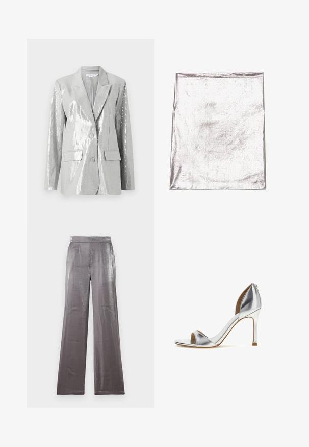 Good American Blazer - grey; Tissu argenté métallique avec une texture lisse et un léger éclat. Forme rectangulaire, bords soigneusement cousus, sans motifs ou accents marquants.; Pantalons à jambes larges en tissu argenté brillant. Caractéristiques d'une texture lisse avec une taille plate et sans poches visibles.; Sandale à talon haut métallisé argent avec bout ouvert, bride à la cheville et talon aiguille fin sur fond blanc.