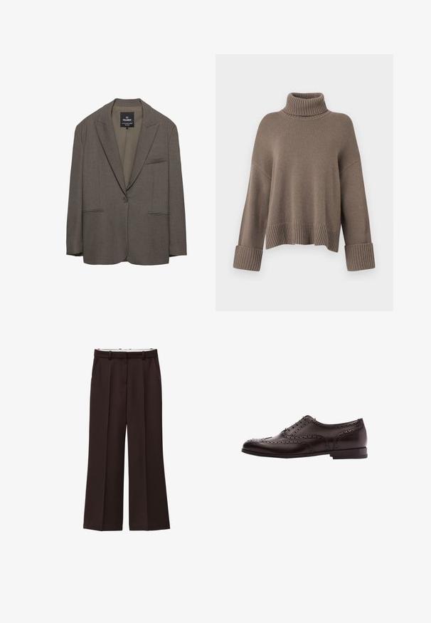 Blazer marron à un bouton avec revers crantés, deux poches à passepoil à l'avant et une poche poitrine, fabriqué par Pull&Bear.; Pull en maille côtelée ample couleur taupe avec des manches larges et un col roulé épais.; Pantalons à jambe large en tissu brun foncé, dotés d'une taille haute, de plis doubles et de poches latérales. Texture lisse avec passants de ceinture.; Chaussure habillée en cuir marron avec des détails de brogue, fermeture à lacets, bout arrondi et un petit talon empilé. Fini poli et perforations complexes.
