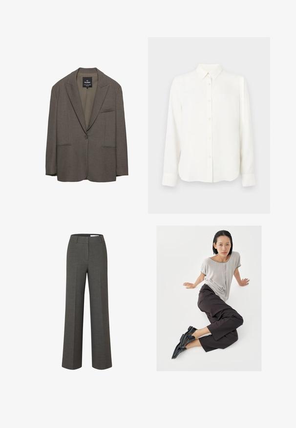 Blazer marron à un bouton avec revers crantés, deux poches à passepoil à l'avant et une poche poitrine, fabriqué par Pull&Bear.; Chemise blanche à manches longues, boutonnière, avec col et poignets, design simple et épuré, présentée sur un fond blanc.; Pantalon large sur mesure gris foncé avec pli devant et ceinture avec passants sur fond blanc.; Haut gris clair à manches courtes, pantalons larges foncés, et mocassins noirs. Tissu lisse, coupe décontractée, et bordure contrastante sur la chemise.