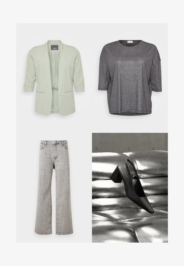 Lys grøn blazer med sjalskrave. Den har trekvartærmer, to sidelommer, og et glat, tekstureret stof.; Grå metallisk kortærmet top med rund halsudskæring og en løs pasform. Har en glat, skinnende tekstur og en subtil glitrende effekt.; Grå højtaljede denimjeans med lige ben, foran knapper, lynlås og fem-lomme design på en ensfarvet hvid baggrund.; Sort slingback-hæl med spids tå, der har en tekstureret overflade og en chunky blokhæl. Lagt mod en skinnende, metallisk baggrund.
