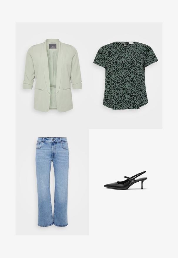 Lys grøn blazer med sjalskrave. Den har trekvartærmer, to sidelommer, og et glat, tekstureret stof.; Kortærmet top i mørkegrøn stof med et sort dyreprintmønster; har rund halsudskæring og en nøglehulslukning på ryggen.; Lysblå vidde jeans lavet af denim, med fem lommer, en frontlynlås og en knaplukning. Subtile syninger langs sømmene.; Sorte læder slingback hæle med spids tå, slank justerbar rem og en stiletto hæl på cirka 5 cm, glat tekstur.