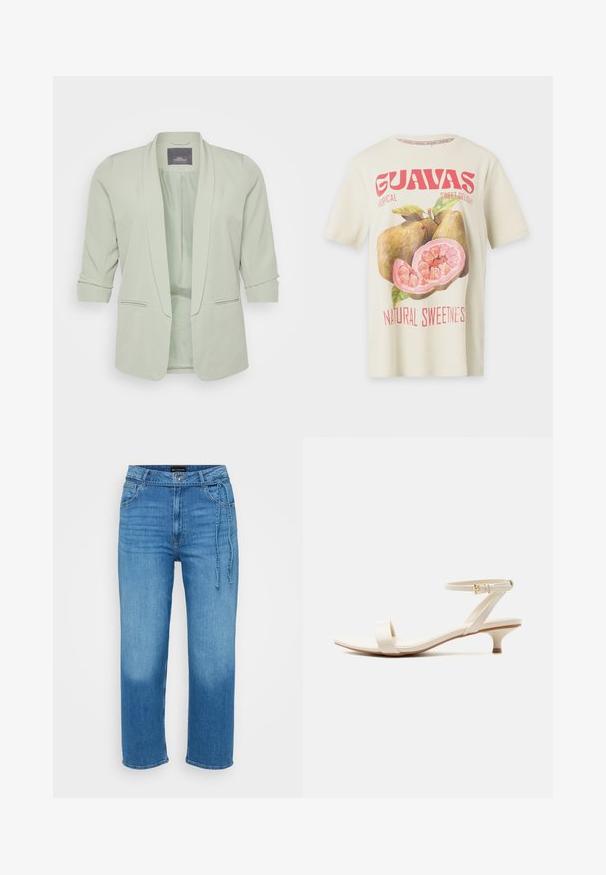 Lys grøn blazer med sjalskrave. Den har trekvartærmer, to sidelommer, og et glat, tekstureret stof.; Kremfarvet kortærmet skjorte med stort pink guava-frugt grafik og rød tekst med "GUAVAS" og "Natural Sweetness".; Lyseblå denimjeans med afslappet pasform, lige ben, medium talje og justerbar bindebåndsdetalje foran. Glat tekstur.; Beige sandal med lav hæl, enkelt tårem og justerbar ankelrem med lille guldbøjle, på hvid baggrund.