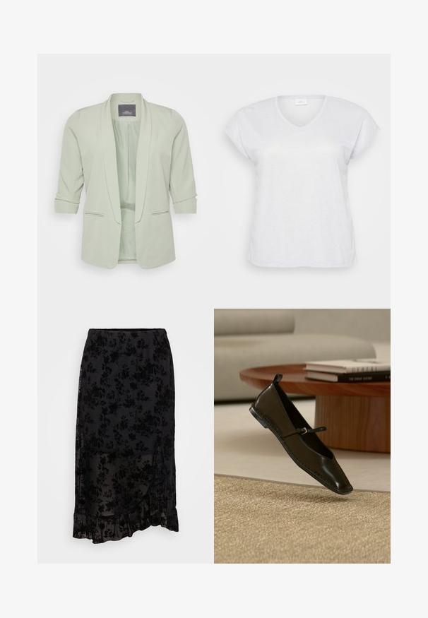 Lys grøn blazer med sjalskrave. Den har trekvartærmer, to sidelommer, og et glat, tekstureret stof.; Hvid kortærmet V-hals t-shirt med en subtil skimmereffekt, der har en afslappet pasform og ingen synlige mønstre eller accenter.; Sort blomsterkjole med en gennemsigtig overlay, flæserkant og subtilt mønster. Elastisk talje for en afslappet pasform og svævende silhuet.; Sort Mary Jane flad sko i læder, svævende over et beige vævet tæppe med et rundt træbord og stablede bøger i baggrunden.