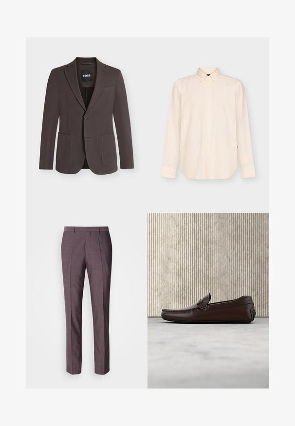 Blazer marron foncé à simple boutonnage avec revers crantés, deux poches plaquées devant, une poche poitrine et fermeture à boutons, étiquette BOSS à l'intérieur du col.; Chemise beige à manches longues boutonnée avec des rayures verticales subtiles et un col classique, présentée sur un fond clair uni.; Pantalons sur mesure pour hommes dans une teinte violette douce, présentant une texture lisse, une coupe droite et des plis avant pour un détail supplémentaire.; Mocassins en cuir marron avec une finition lisse, des coutures de style mocassin, un bout rehaussé et une semelle en caoutchouc basse et flexible.