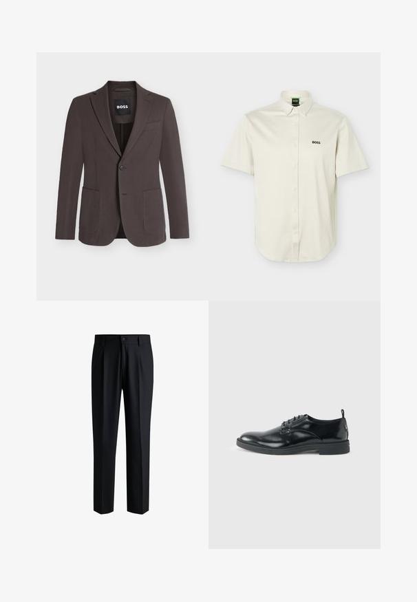 Blazer marron foncé à simple boutonnage avec revers crantés, deux poches plaquées devant, une poche poitrine et fermeture à boutons, étiquette BOSS à l'intérieur du col.; Chemise blanche à manches courtes avec boutons-pression, col boutonné, logo "BOSS" noir sur la poitrine, et étiquette verte à l'intérieur du col.; Pantalons noirs en tissu lisse, avec une coupe droite, des plis à l'avant et une fermeture à bouton avec passants de ceinture.; Chaussure habillée en cuir noir brillant avec un petit talon, fermeture à lacets et bout rond, vue de côté sur un fond uni et clair.