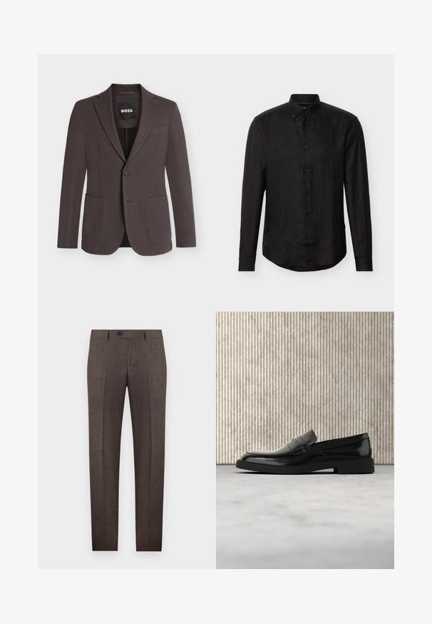 Blazer marron foncé à simple boutonnage avec revers crantés, deux poches plaquées devant, une poche poitrine et fermeture à boutons, étiquette BOSS à l'intérieur du col.; Chemise noire à manches longues avec boutons, col classique et logo discret sur le côté gauche de la poitrine, présentée sur un fond uni.; Pantalon habillé pour hommes sur mesure de couleur marron, avec passants de ceinture, fermeture à boutons sur le devant, et plis marqués, sur fond blanc.; Mocassin en cuir noir poli flottant au-dessus d'un tapis beige avec un mobilier translucide orange en arrière-plan.