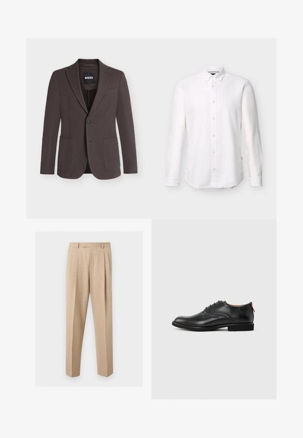 Blazer marron foncé à simple boutonnage avec revers crantés, deux poches plaquées devant, une poche poitrine et fermeture à boutons, étiquette BOSS à l'intérieur du col.; Chemise blanche à manches longues avec col boutonné et petit logo brodé sur la poitrine gauche.; Pantalon beige sur mesure avec plis sur le devant, passants de ceinture et jambes droites, présenté sur un fond clair et uni.; Chaussure habillée pour homme en cuir noir, à lacets sur l'avant, avec une languette rouge au talon, sur fond uni.