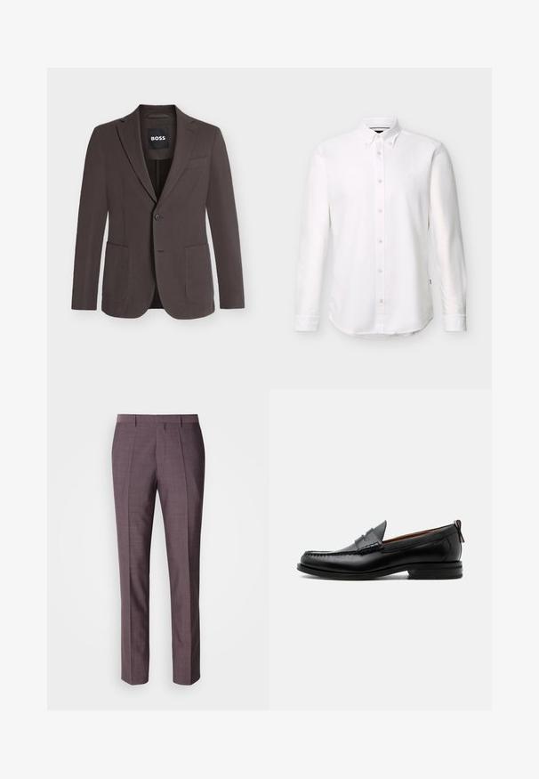 Blazer marron foncé à simple boutonnage avec revers crantés, deux poches plaquées devant, une poche poitrine et fermeture à boutons, étiquette BOSS à l'intérieur du col.; Chemise blanche à manches longues avec col boutonné et petit logo brodé sur la poitrine gauche.; Pantalons sur mesure pour hommes dans une teinte violette douce, présentant une texture lisse, une coupe droite et des plis avant pour un détail supplémentaire.; Mocassin homme en cuir noir avec couture moc toe, bride penny, col texturé et petit talon empilé sur fond blanc.