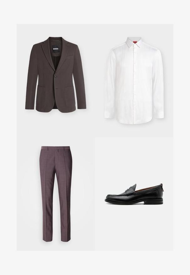 Blazer marron foncé à simple boutonnage avec revers crantés, deux poches plaquées devant, une poche poitrine et fermeture à boutons, étiquette BOSS à l'intérieur du col.; Chemise blanche à manches longues boutonnée avec col pointu et fines rayures verticales, présentée sur un fond neutre.; Pantalons sur mesure pour hommes dans une teinte violette douce, présentant une texture lisse, une coupe droite et des plis avant pour un détail supplémentaire.; Mocassin homme en cuir noir avec couture moc toe, bride penny, col texturé et petit talon empilé sur fond blanc.